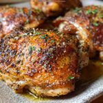 Close-up of perfectly cooked chicken thighs with crispy, seasoned skin and fresh herbs.