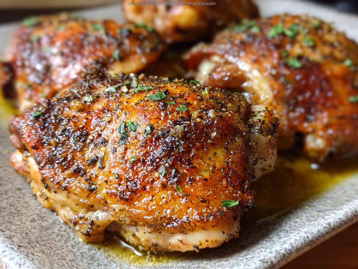 Close-up of perfectly cooked chicken thighs with crispy, seasoned skin and fresh herbs.