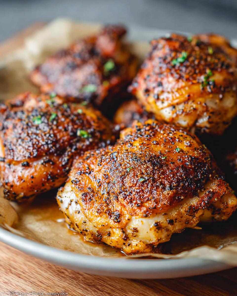 Close-up of perfectly seasoned chicken thighs with crispy skin and visible spices.