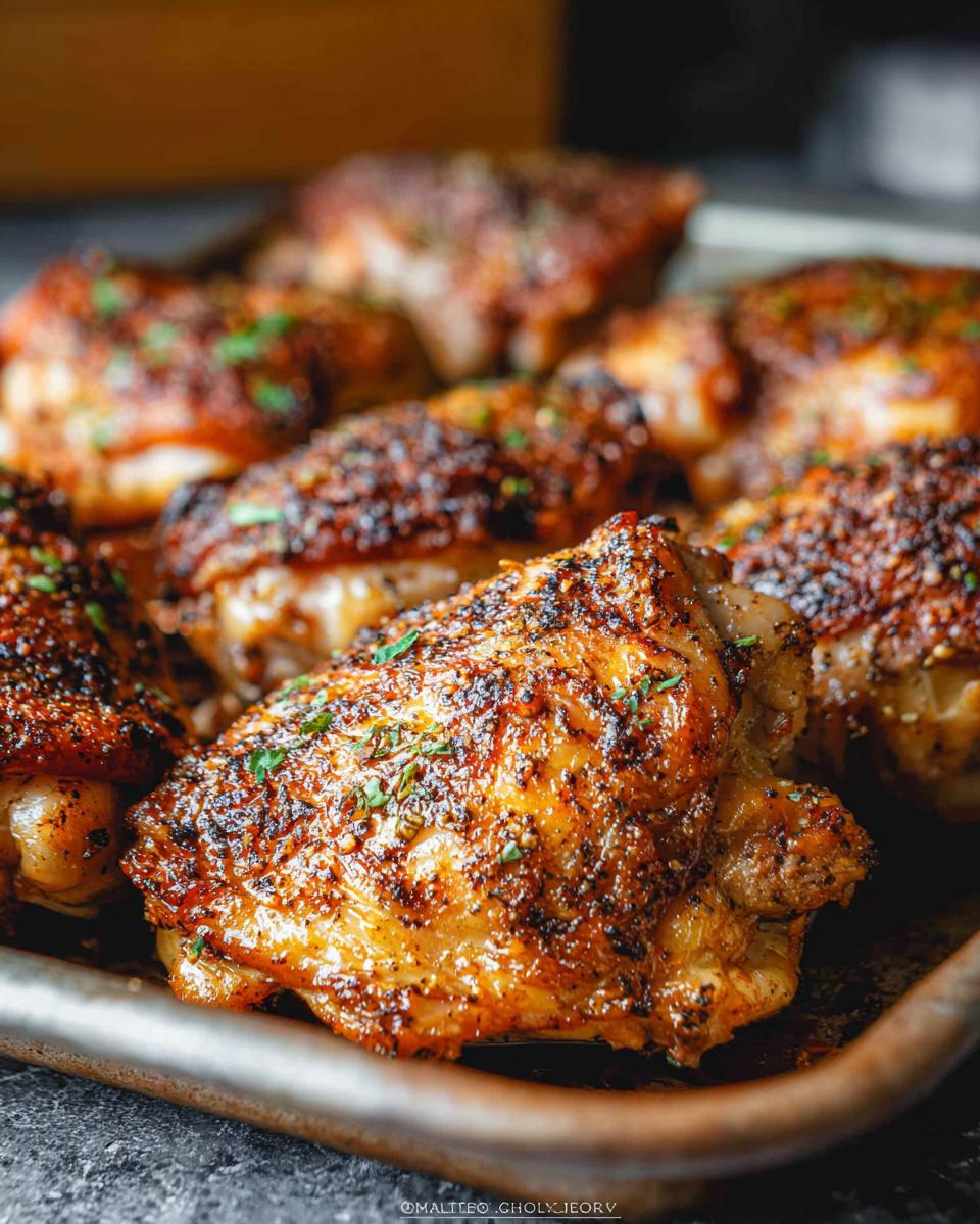 Close-up of perfectly seasoned chicken thighs, with crispy skin and herbs, ready for a delicious chicken thigh recipe.