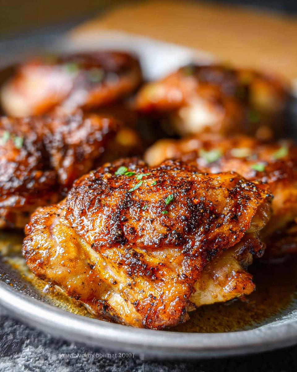 Close-up of perfectly cooked chicken thighs, seasoned and glistening, a key element in perfect chicken thigh recipes.