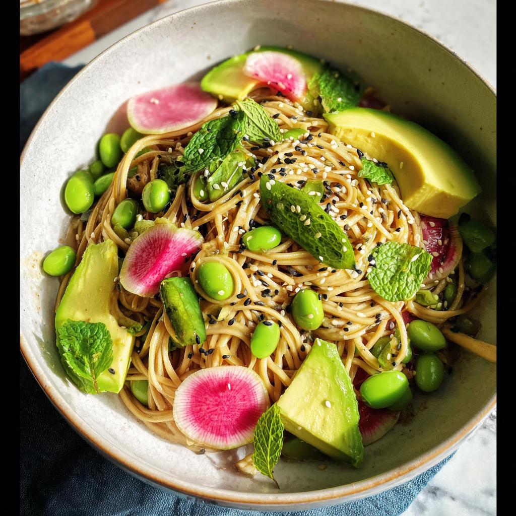 A vibrant and healthy noodle bowl, featuring avocado, edamame, watermelon radish, and mint, perfect for a quick dinner idea.
