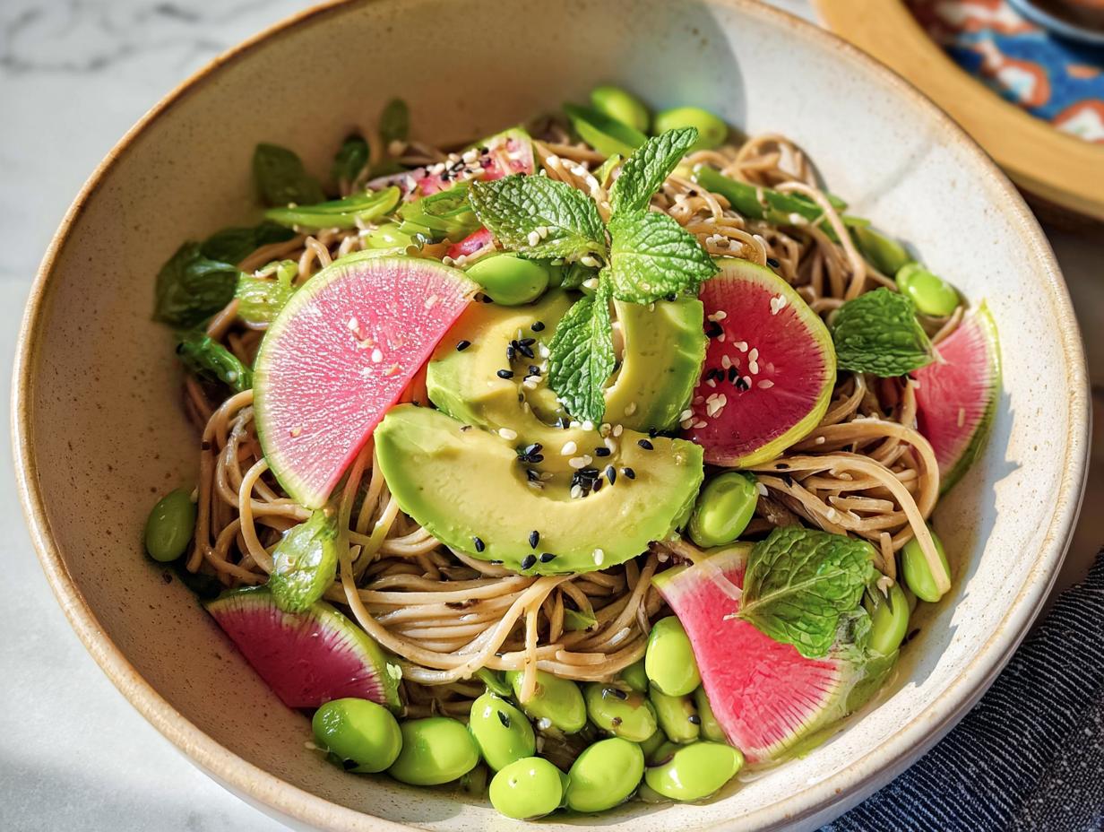 A vibrant soba noodle salad with avocado, edamame, watermelon radish, and mint, perfect for a quick dinner.