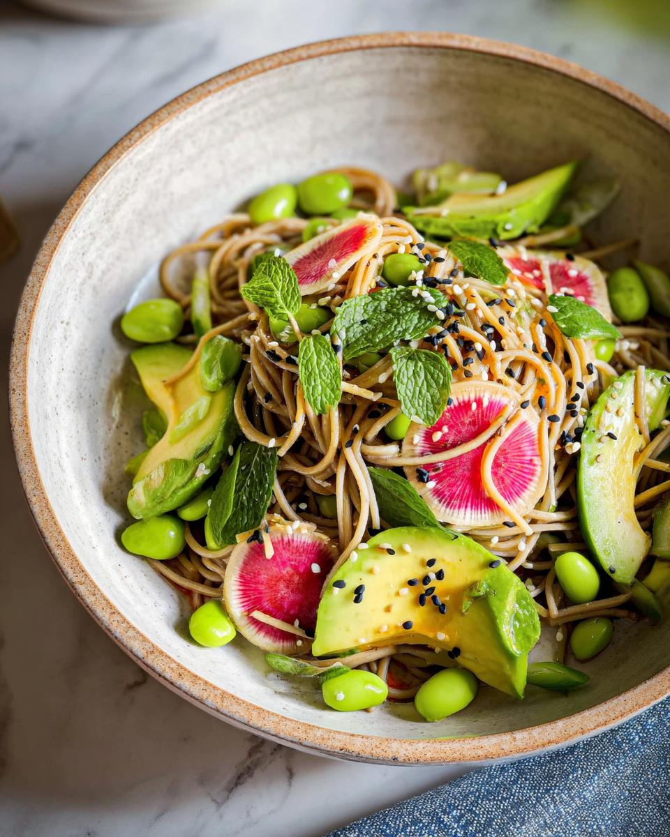 A vibrant soba noodle salad with avocado, edamame, watermelon radish, and mint, perfect for quick dinner ideas.