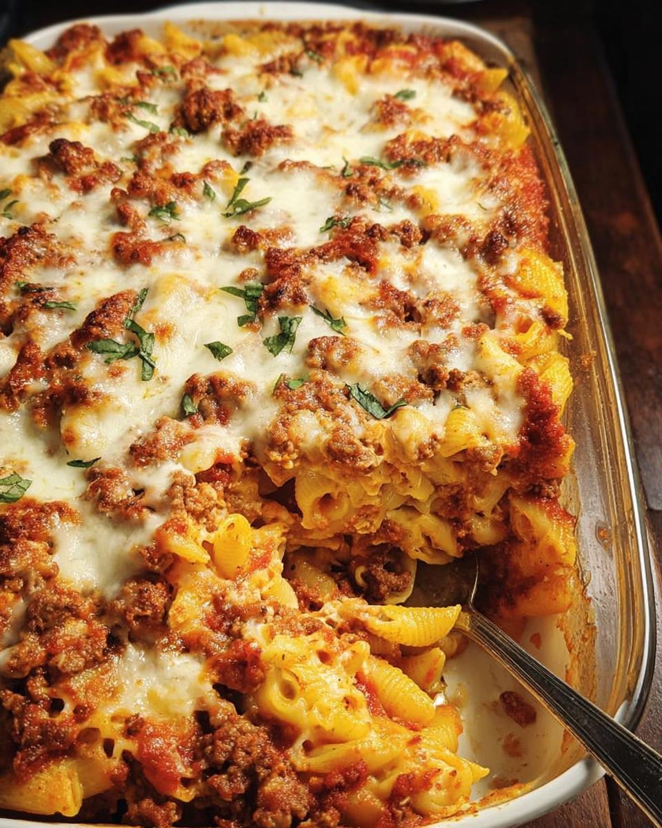 Close-up of a cheesy baked pasta dish with ground meat and herbs, a perfect dinner recipe.