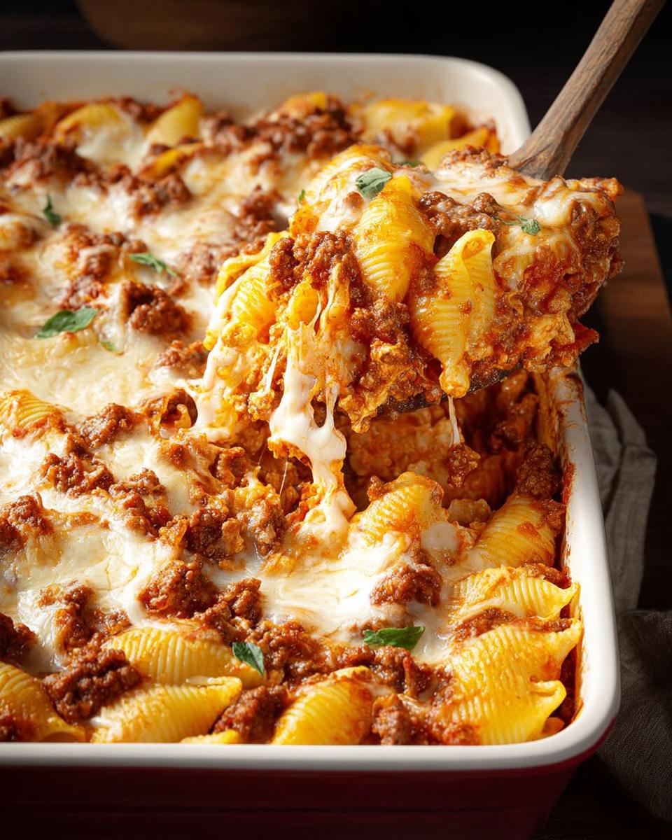 A spoonful lifts a portion of cheesy pasta bake, revealing melted mozzarella and rich meat sauce.