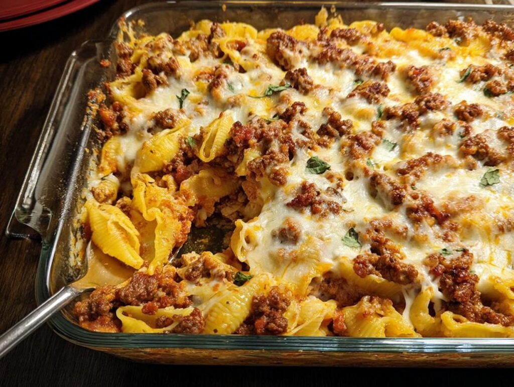A close-up of a cheesy pasta bake with ground meat and shells, a perfect dinner recipe.