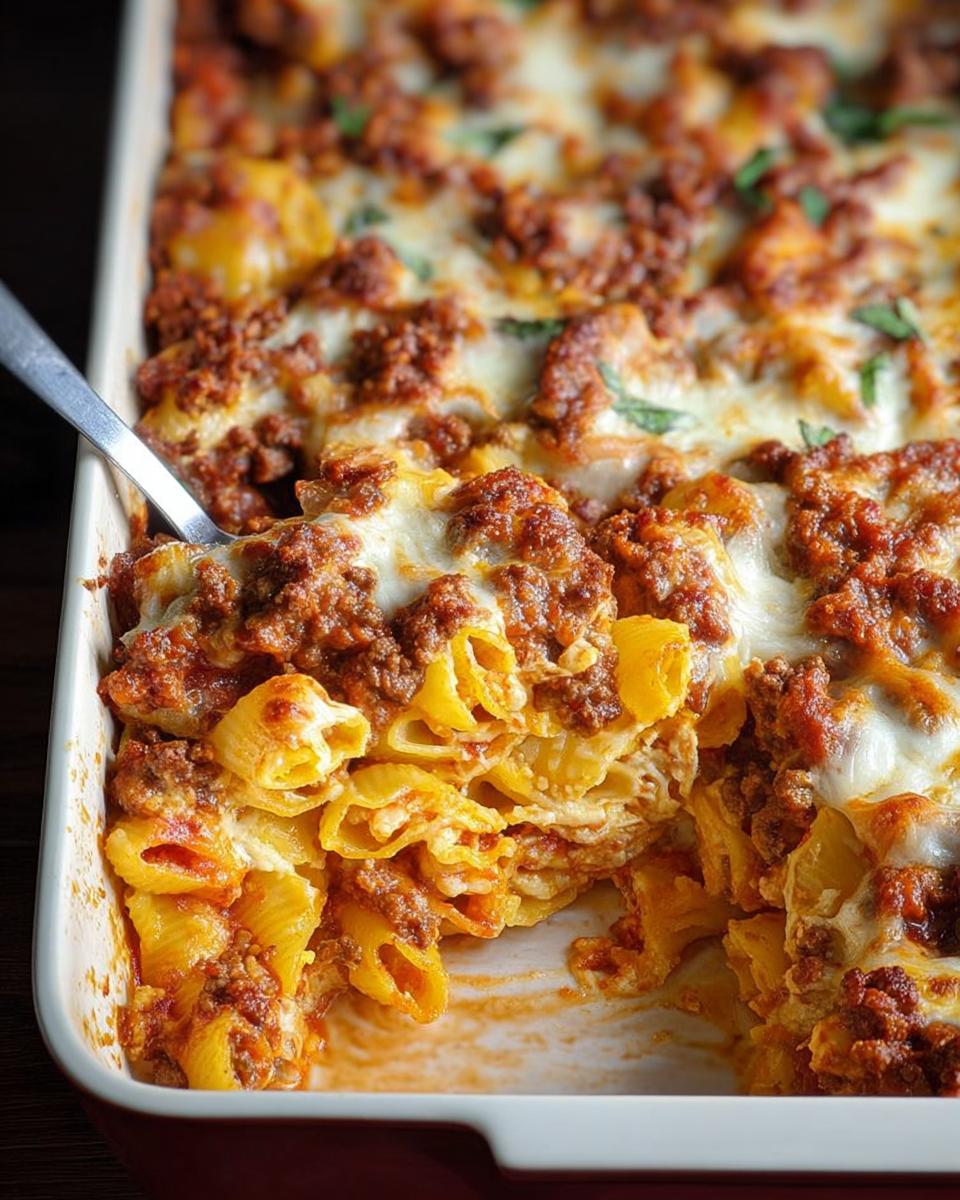 Close-up of a delicious pasta bake with meat sauce and melted cheese, a perfect dinner recipe.