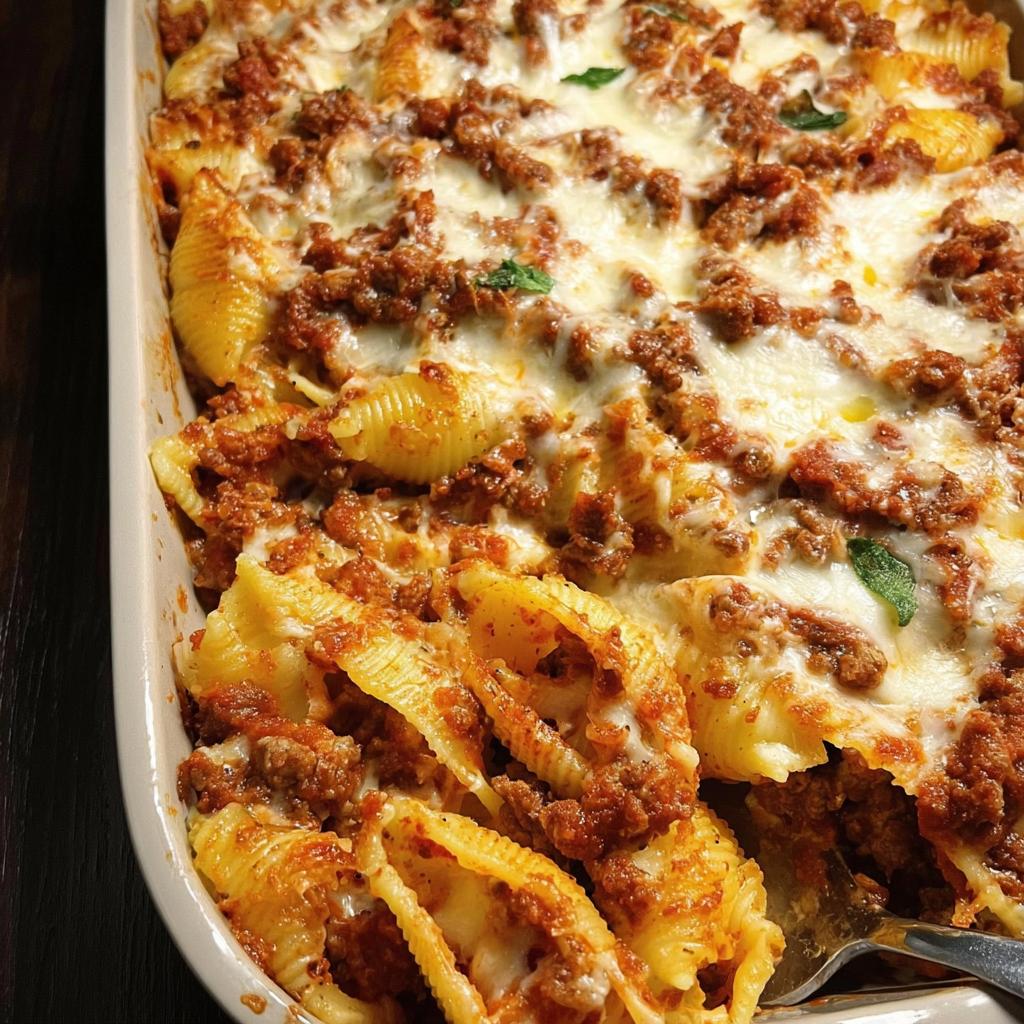A delicious baked pasta dish with stuffed shells, meat sauce, and melted cheese, perfect for a perfect dinner recipe.