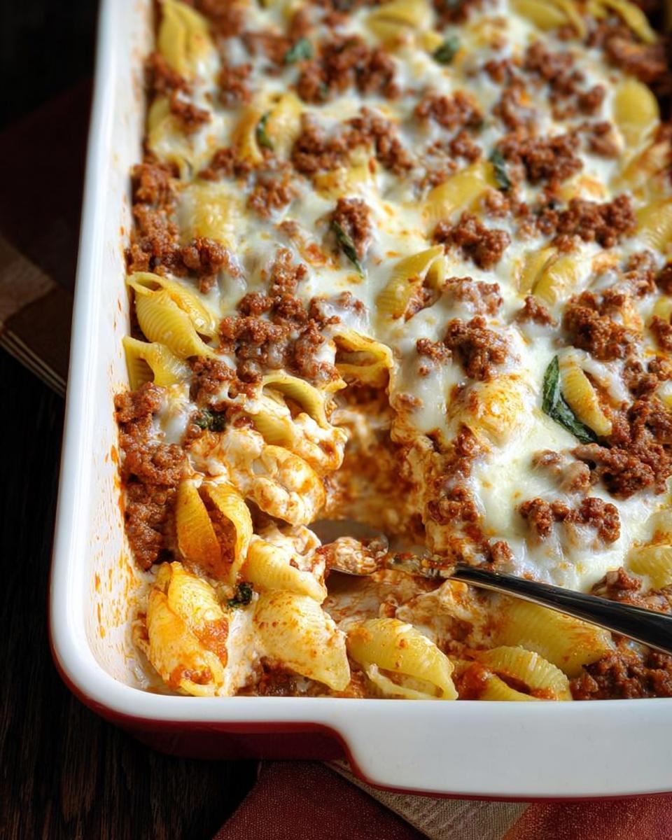 Close-up of a cheesy pasta bake with ground meat and shells, a perfect dinner recipe.
