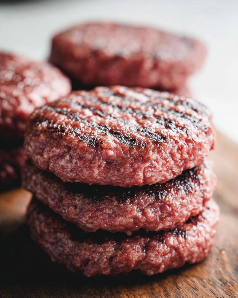 Stack of perfectly grilled ground beef patties with grill marks, ready for recipes.