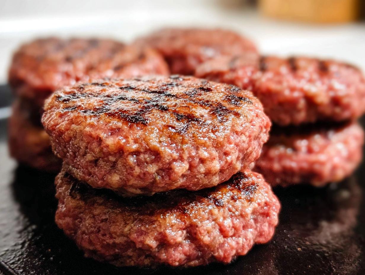 Close-up of perfectly grilled ground beef patties, showcasing grill marks and juicy texture. Essential for great ground beef recipes.