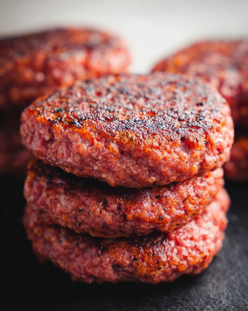 A close-up stack of three perfectly cooked ground beef patties, showcasing their juicy texture and seared edges.