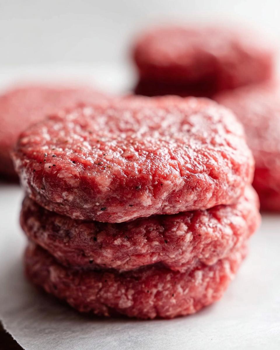 Stack of three seasoned raw ground beef patties, ready for cooking in perfect ground beef recipes.