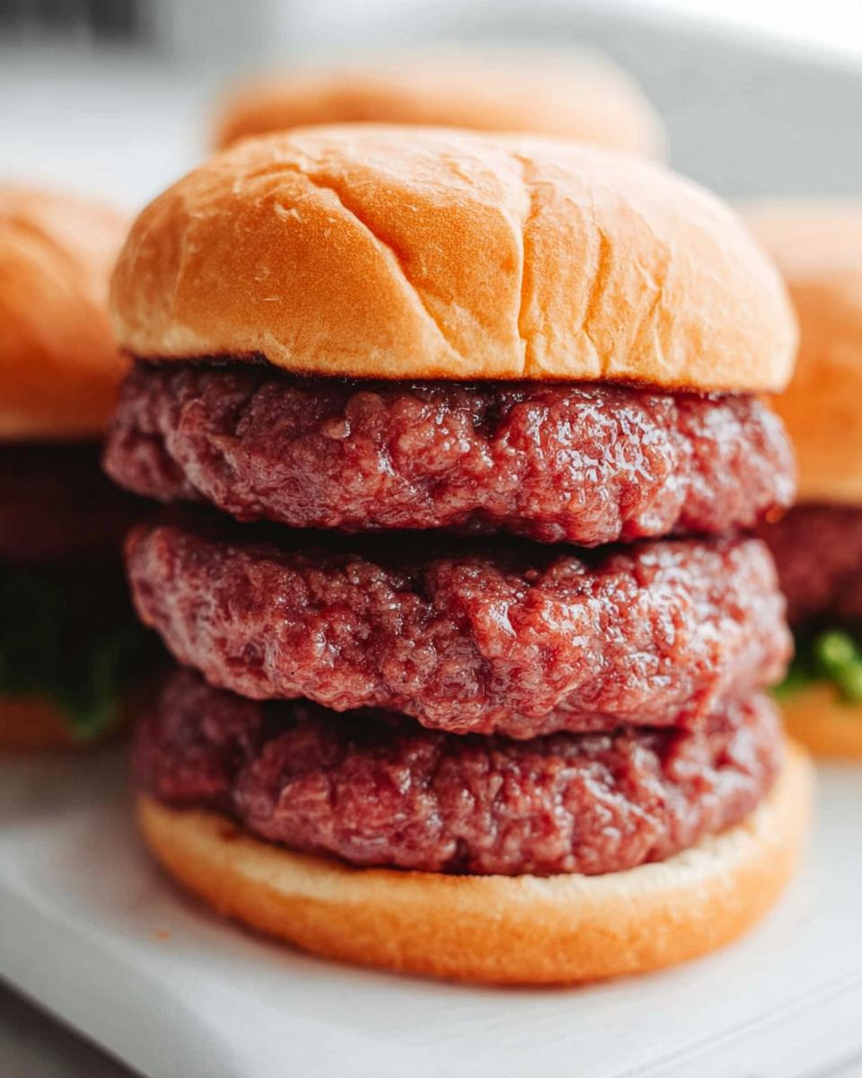 A close-up of three perfectly formed ground beef patties stacked on a bun, showcasing a key element of perfect ground beef recipes.