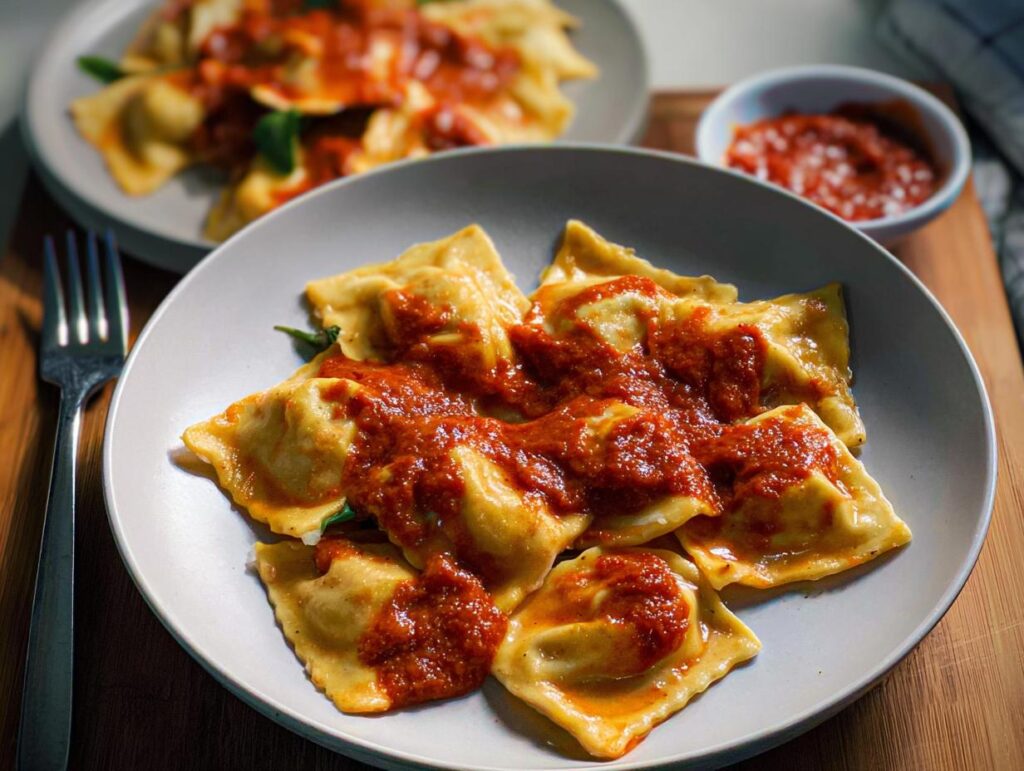 Close-up of perfect pasta recipes: ravioli generously topped with a rich red sauce.