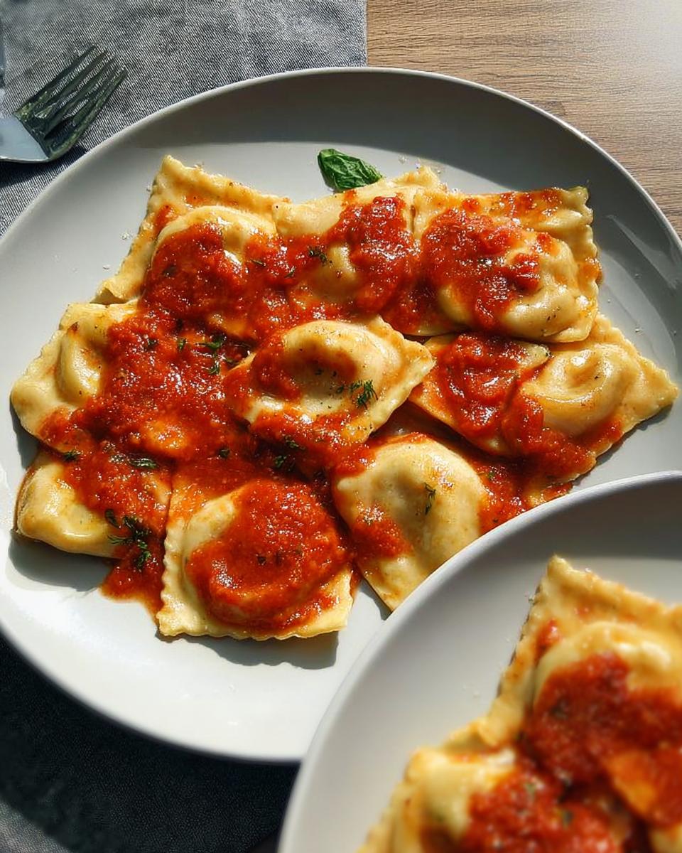 A plate of delicious ravioli topped with a vibrant tomato sauce and fresh herbs, showcasing perfect pasta recipes.