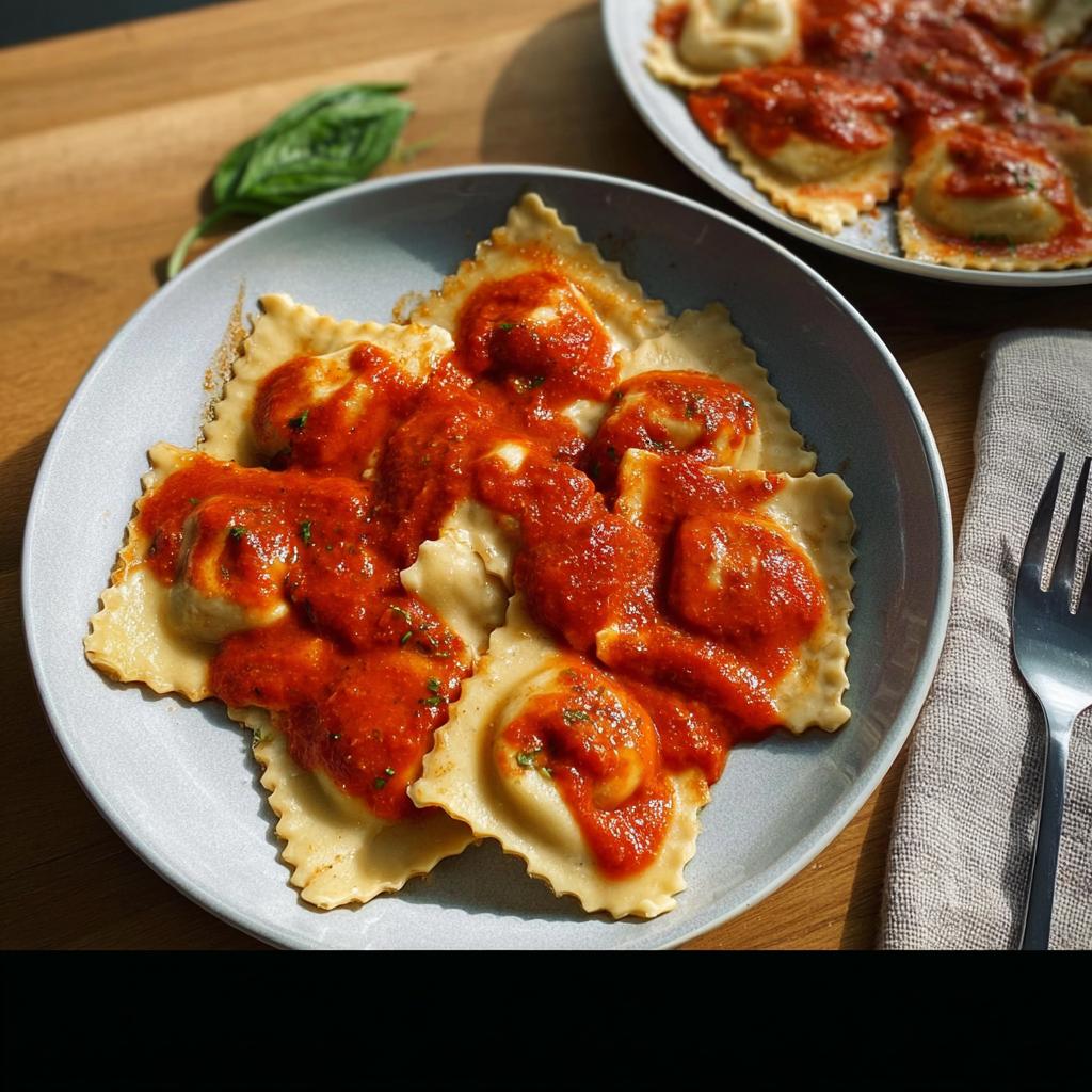 Close-up of a plate of ravioli with rich tomato sauce, a perfect example of what makes perfect pasta recipes.