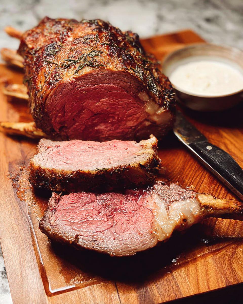 A perfectly cooked Perfect Prime Rib, partially carved on a wooden board, showing a medium-rare pink center.