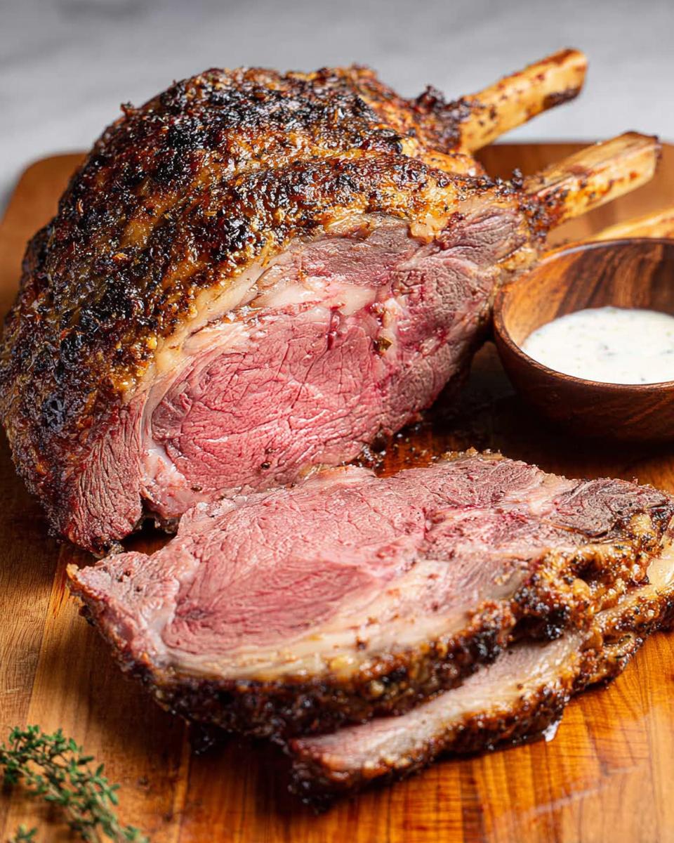 A perfectly cooked Perfect Prime Rib roast, sliced to show medium-rare interior, resting on a wooden board with horseradish sauce.