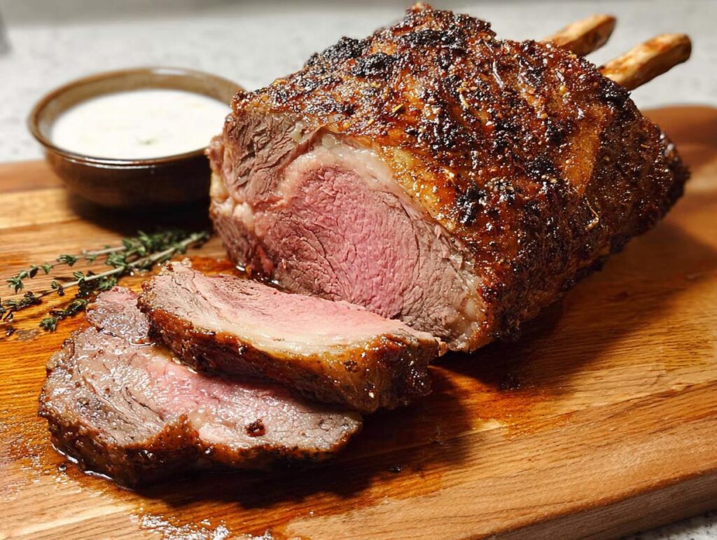 A beautifully roasted Perfect Prime Rib, partially sliced to show the medium-rare interior, resting on a wooden board with au jus.