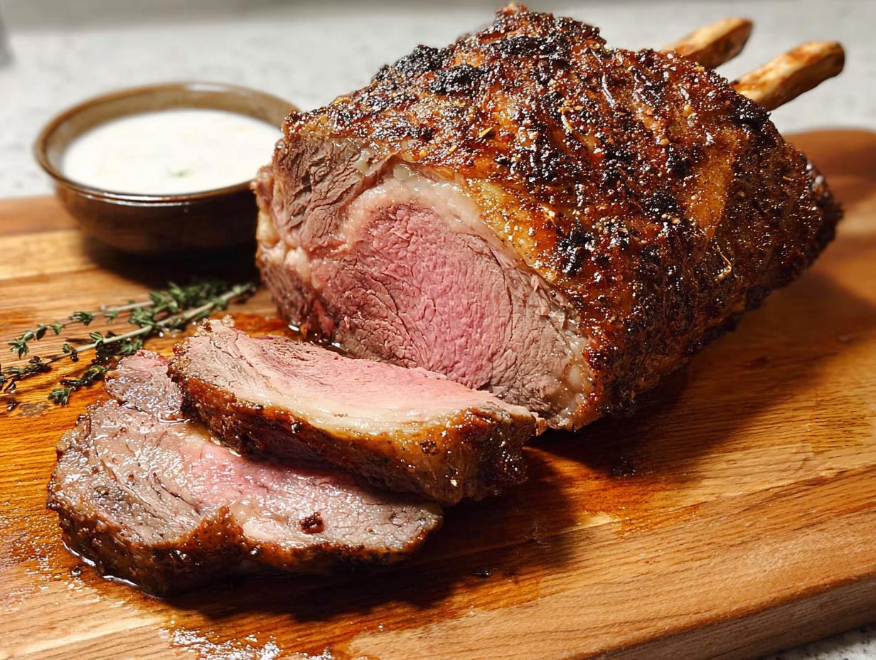 A beautifully roasted Perfect Prime Rib, partially sliced to show the medium-rare interior, resting on a wooden board with au jus.