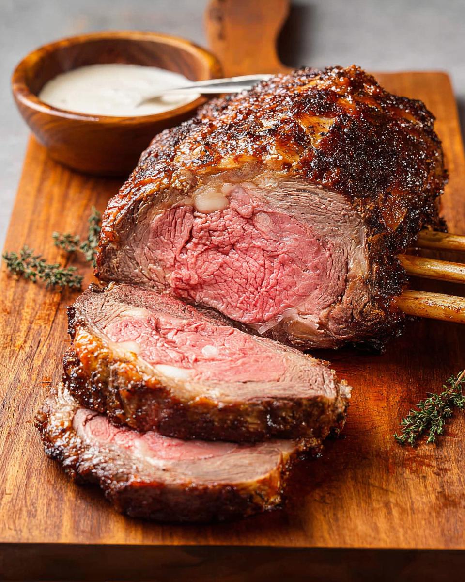 A perfectly roasted Prime Rib, partially sliced to show the medium-rare, pink center, resting on a wooden board.