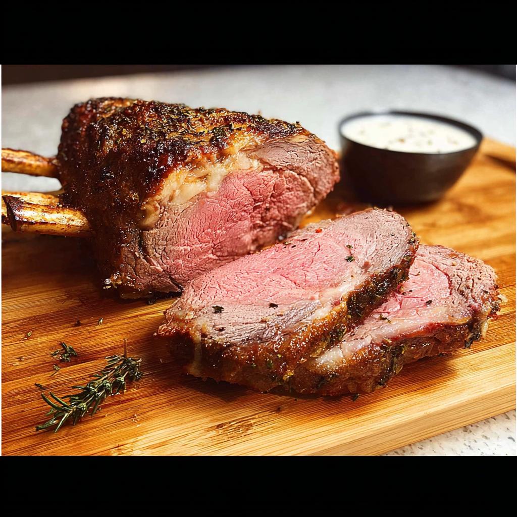 Perfect Prime Rib roast, partially sliced, showing a juicy medium-rare center and herb crust on a wooden board.