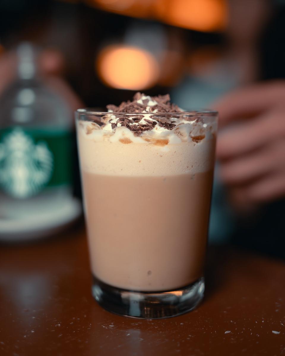 A close-up of a perfect Starbucks drink topped with whipped cream, chocolate shavings, and caramel drizzle.