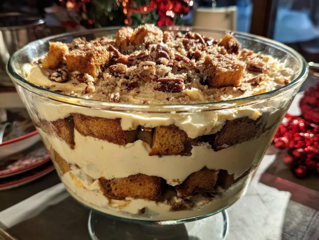 A beautiful trifle dessert with layers of cake, cream, and pecans, perfect for Thanksgiving.