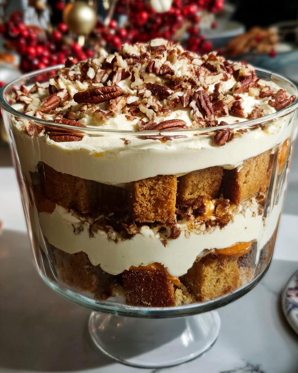 A beautiful layered trifle dessert with cake, cream, and pecans, perfect for Thanksgiving.