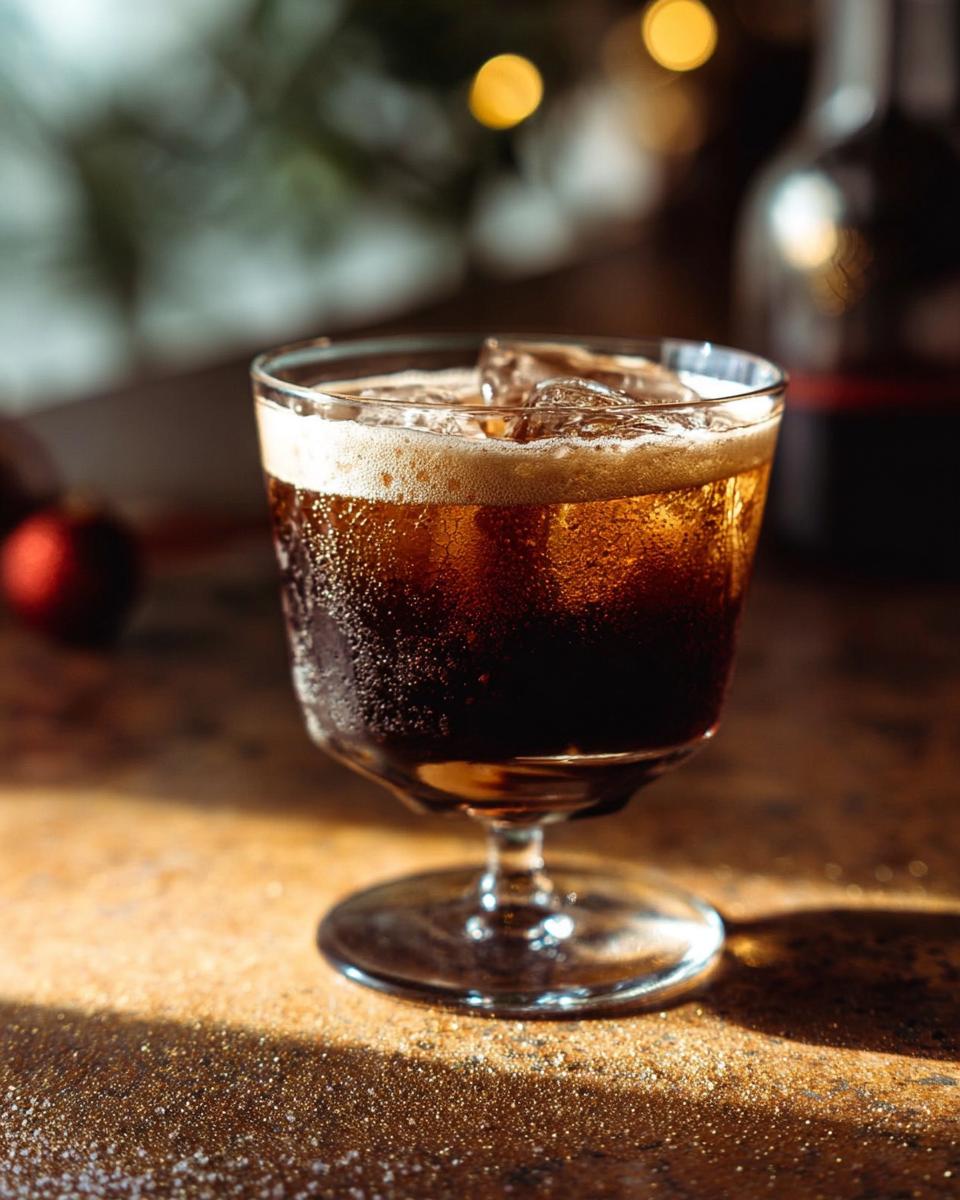 A refreshing Thanksgiving drink with ice, bubbles, and foam in a glass, perfect for holiday celebrations.