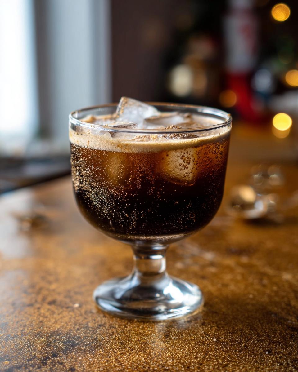 A refreshing glass of a dark, bubbly Thanksgiving drink with ice cubes, perfect for the holiday season.