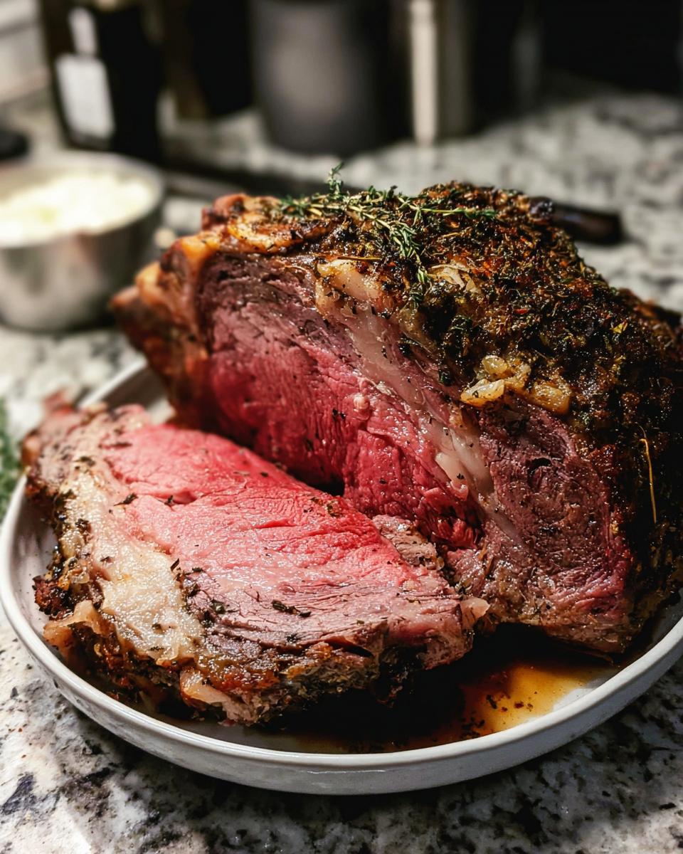 A beautifully cooked prime rib roast, sliced to show a medium-rare interior, seasoned with a dark herb crust.