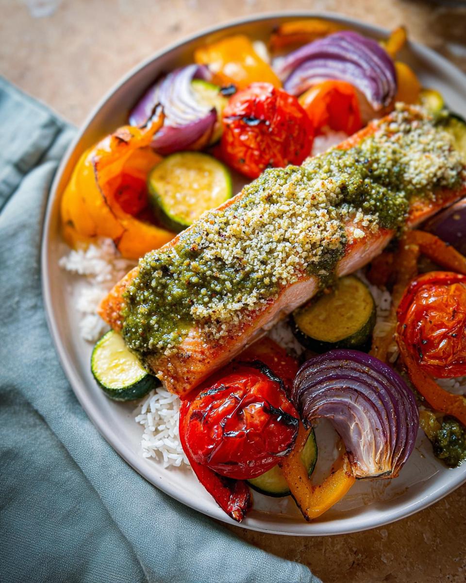 A serving of Pesto Salmon with Roasted Veggies, including red onion, zucchini, and tomato, served over white rice.