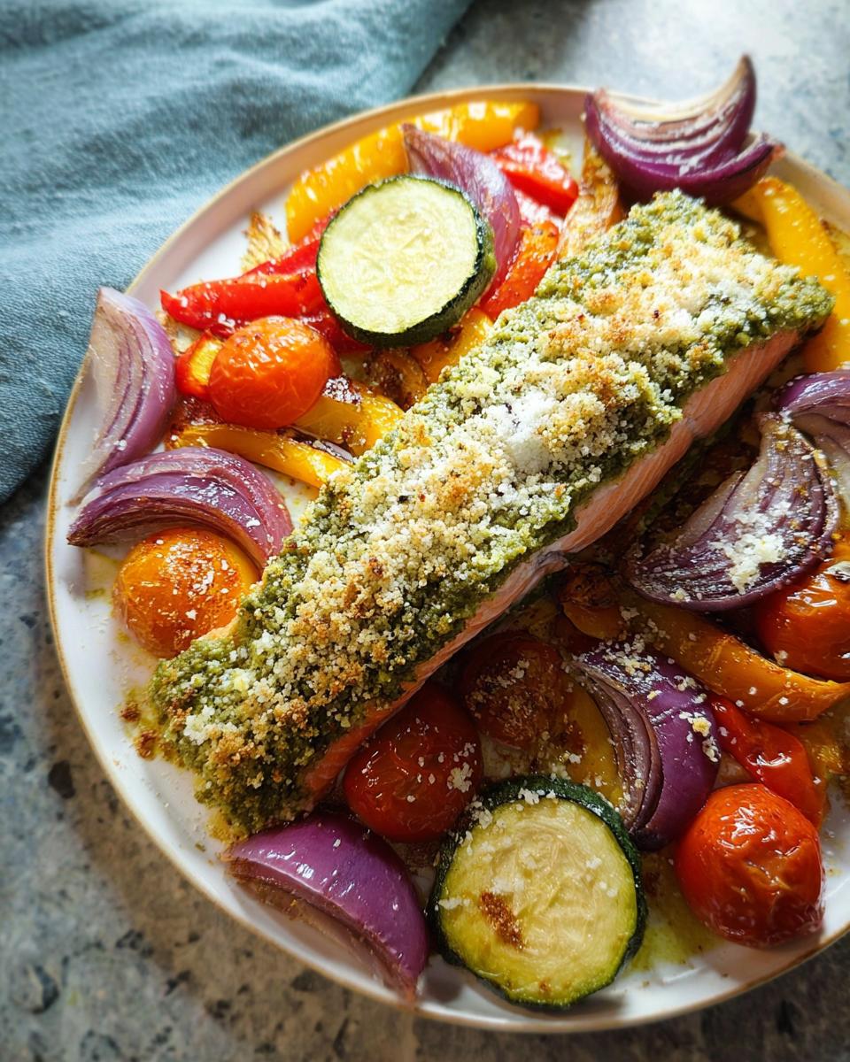 A fillet of Pesto Salmon with Roasted Veggies, topped with breadcrumbs, served alongside roasted red onion, zucchini, and tomatoes.