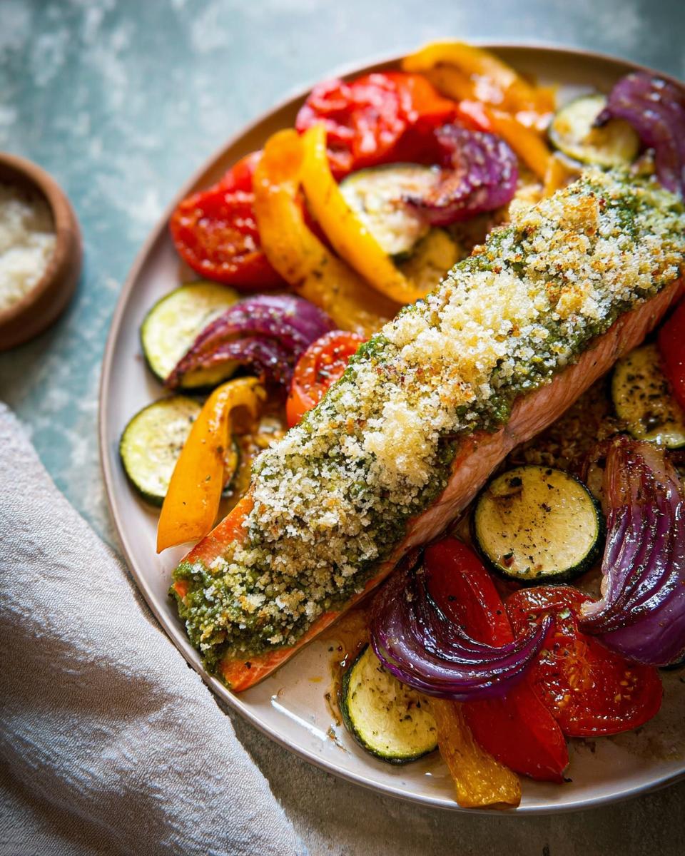 A perfectly cooked fillet of Pesto Salmon with Roasted Veggies, topped with breadcrumbs, served with roasted peppers, zucchini, and red onion.