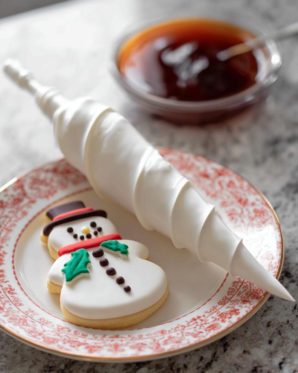 A piping bag filled with stiff white Royal Icing sits next to a decorated snowman cookie.