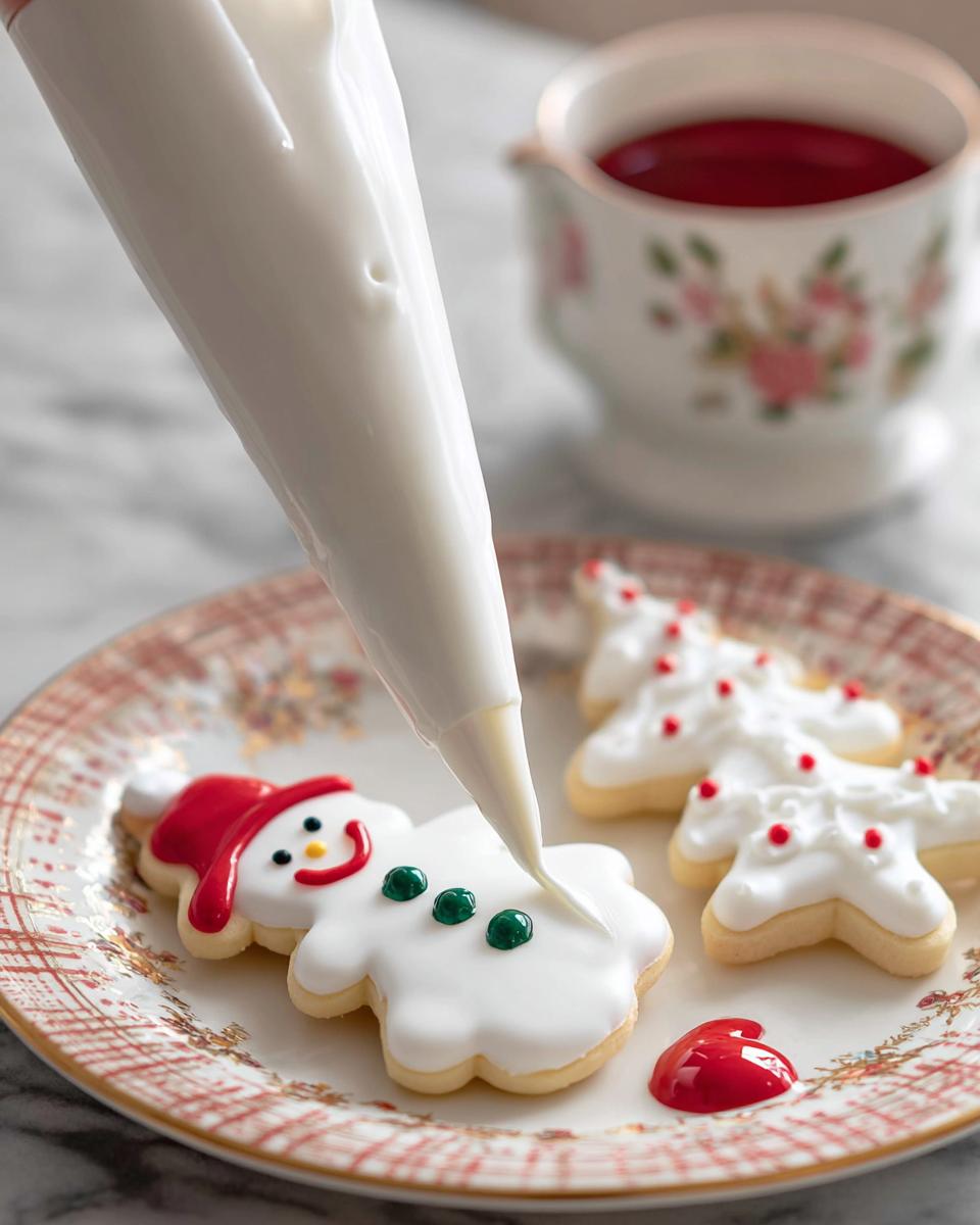 A piping bag dispenses white Royal Icing for Decorated Cookies onto a snowman-shaped sugar cookie.