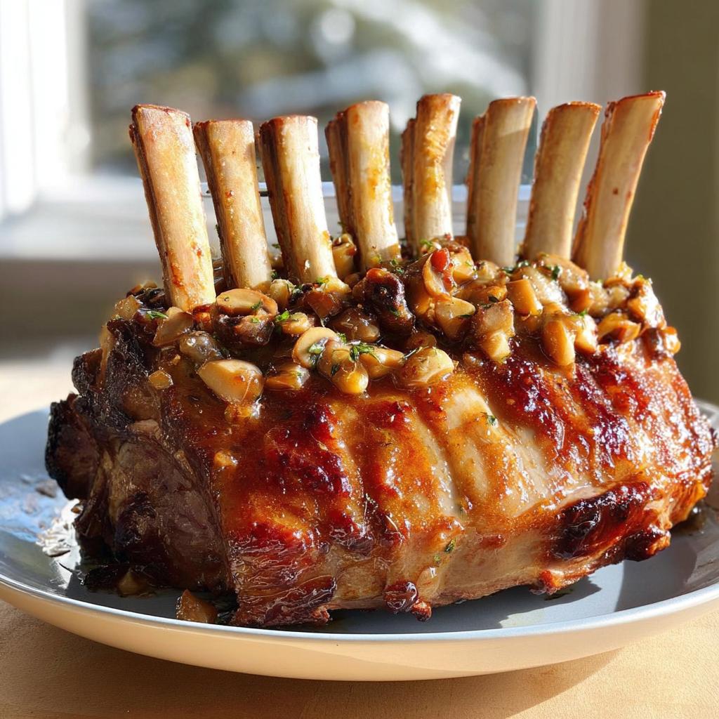 A beautifully roasted pork loin with visible ribs, topped with a savory mushroom and herb mixture. Part of Ultimate Dinner Recipes Guide.