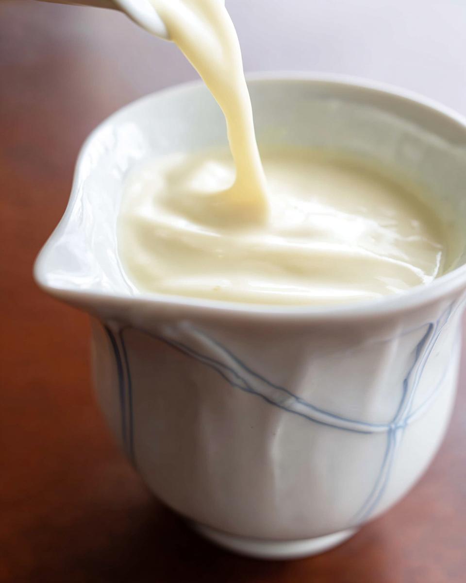 Thick, pale yellow Champagne Cream Sauce for Seafood being poured into a small white ceramic pitcher.