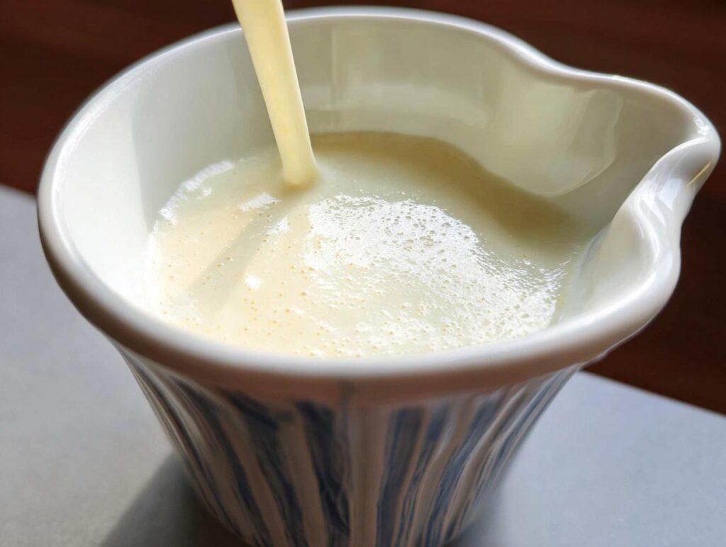 Close-up of thick, pale yellow Champagne Cream Sauce for Seafood being poured into a small, fluted white and blue ceramic pitcher.