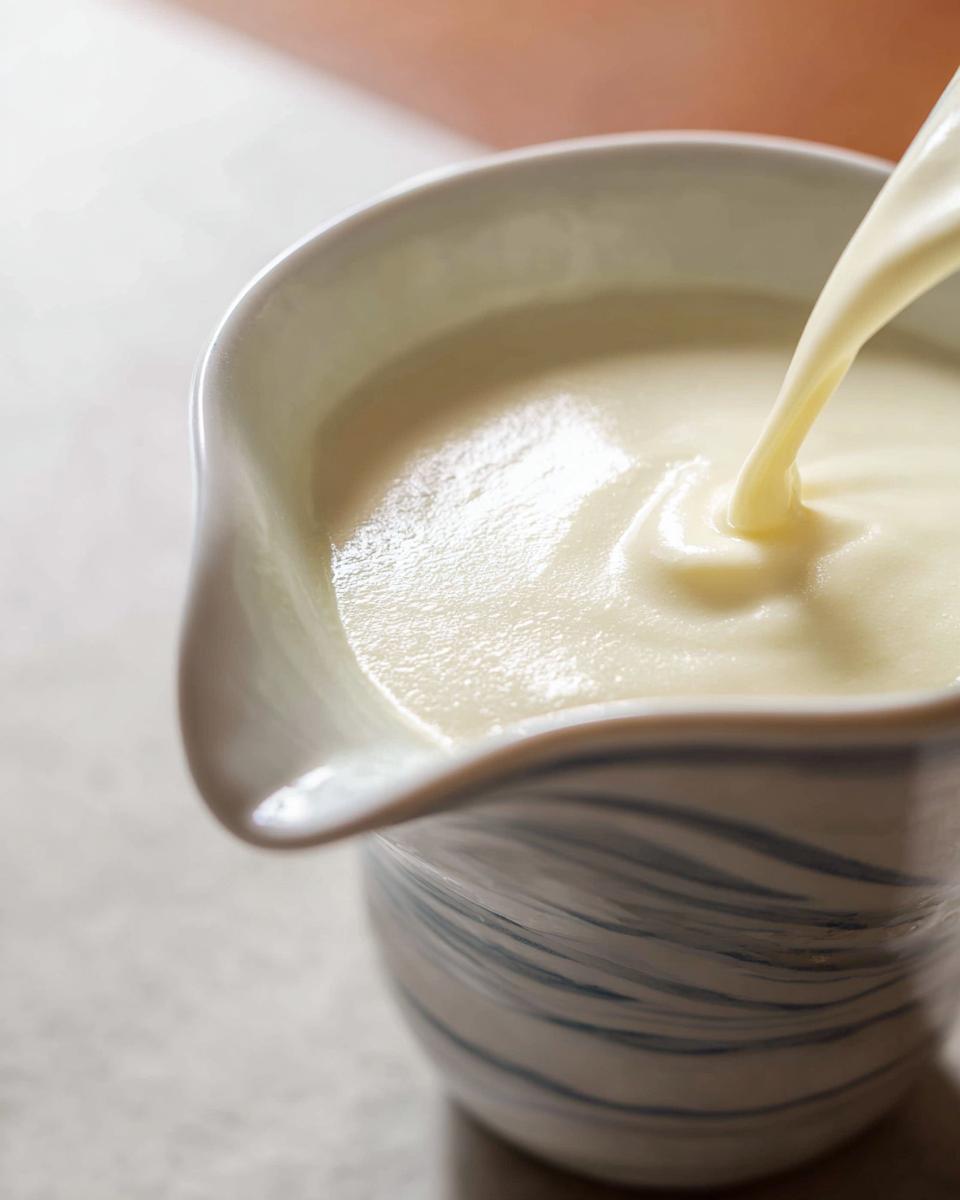 Close-up of thick, creamy Champagne Cream Sauce for Seafood being poured into a decorative ceramic pitcher.