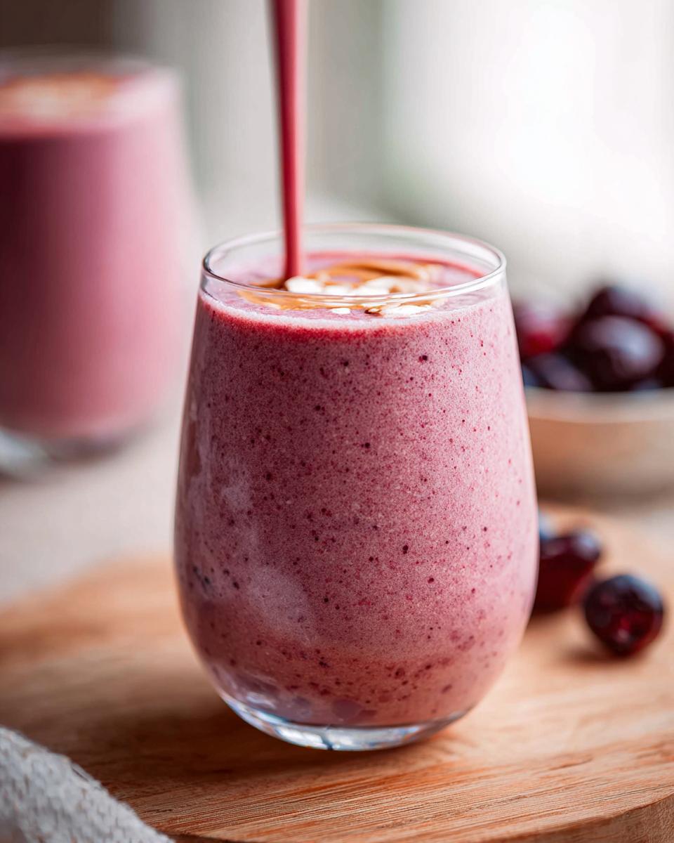 Close-up of a thick, pink Cherry Almond Smoothie being poured into a glass, topped with almond butter.
