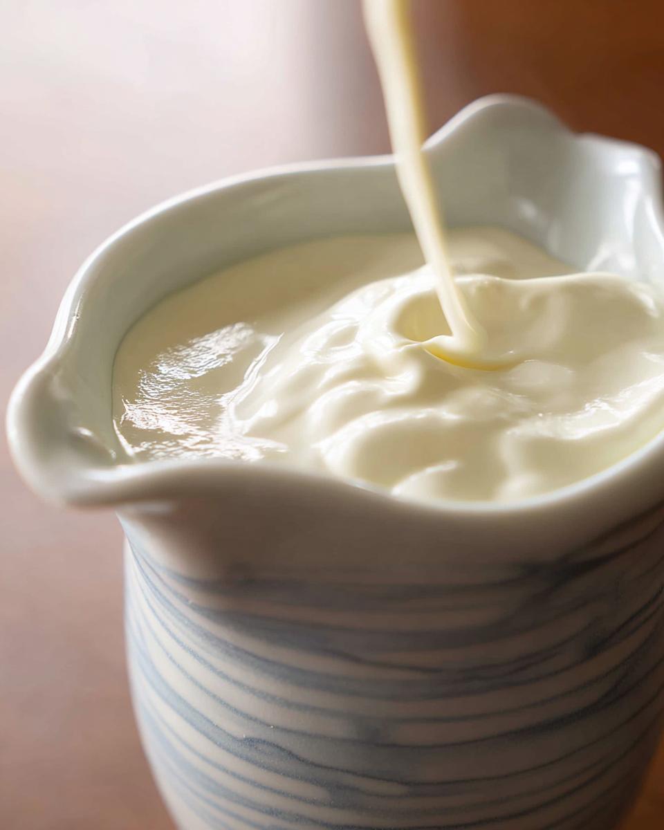 Close-up of thick cream being poured into a pitcher containing more cream for Champagne Cream Sauce for Seafood.