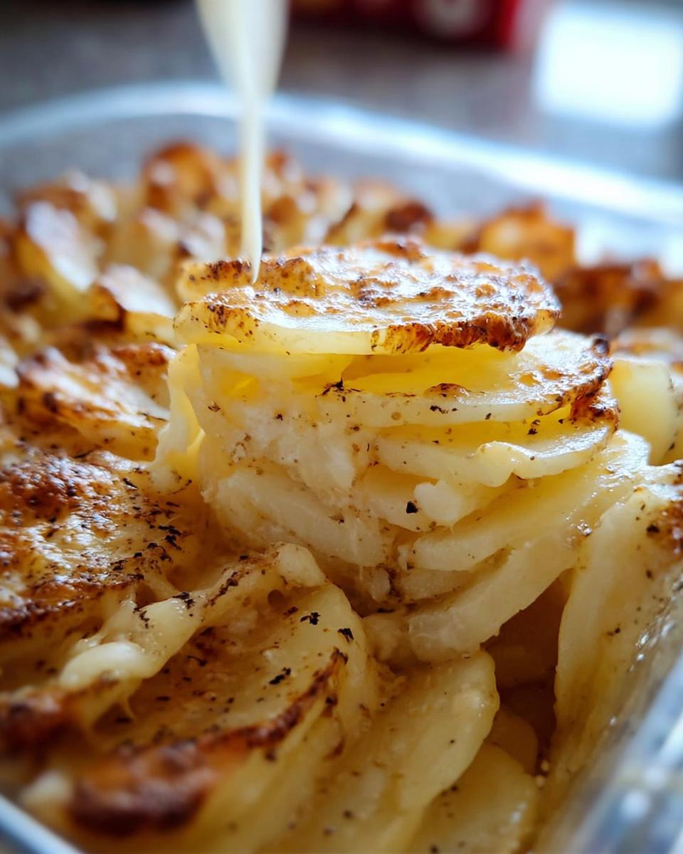 Close-up of layered, baked Cheesy Scalloped Potatoes with a stream of cream being poured over the browned top layer.