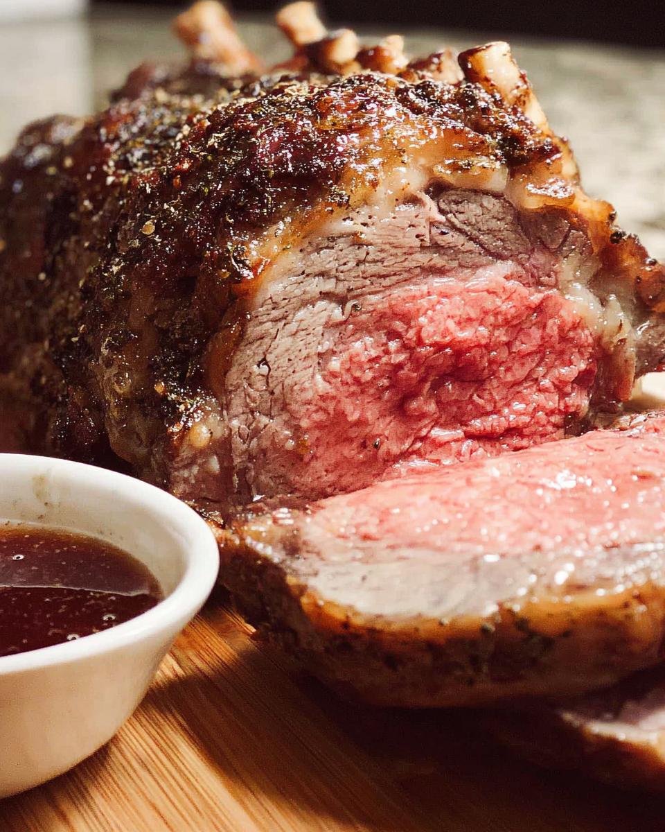 Close-up of a perfectly cooked Prime Rib Au Jus, showing a medium-rare pink center and a rich, seasoned crust, served next to a small bowl of jus.