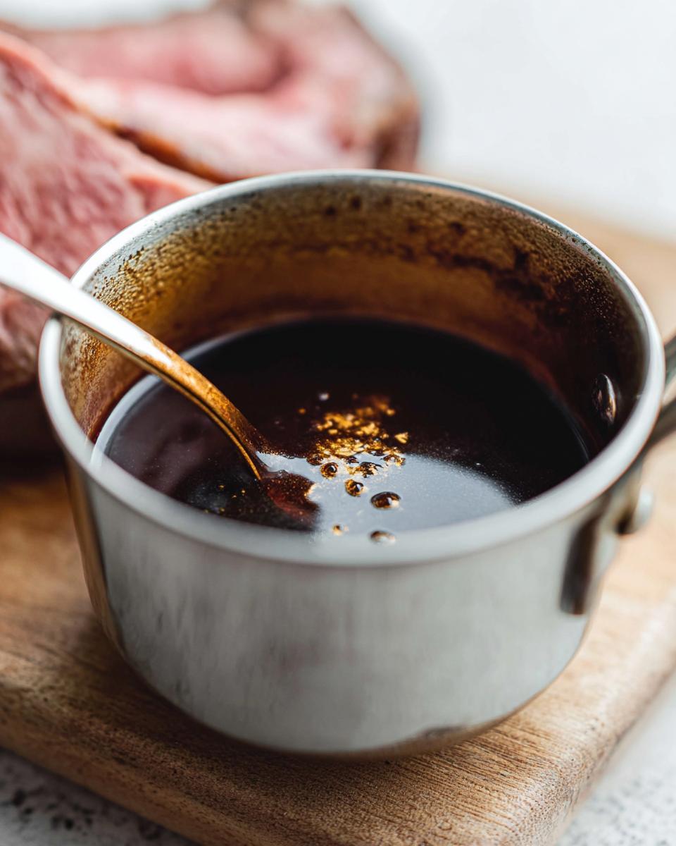 Close-up of rich, dark Prime Rib Au Jus Recipe sauce simmering in a small metal saucepan with a spoon resting inside.