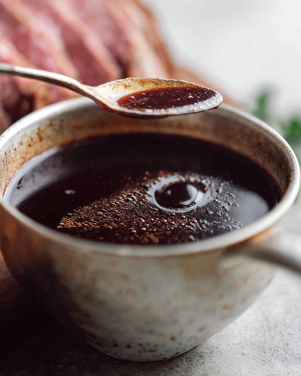 A spoonful of rich, dark Prime Rib Au Jus Recipe sauce being lifted from a small pot, with sliced roast beef blurred in the background.