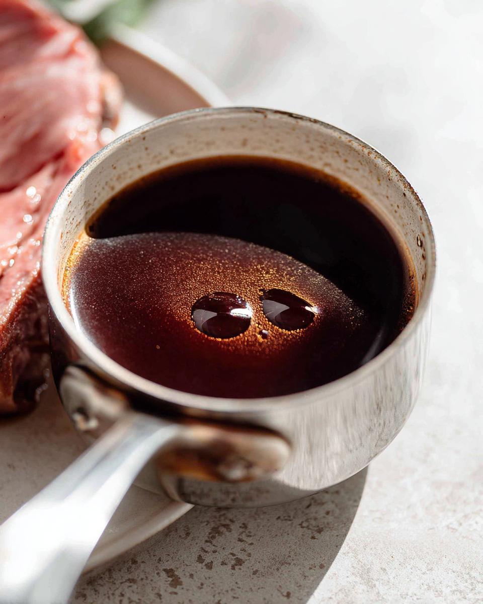 Close-up of rich, dark Prime Rib Au Jus Recipe liquid in a small metal saucepan, with a slice of roast beef visible in the background.